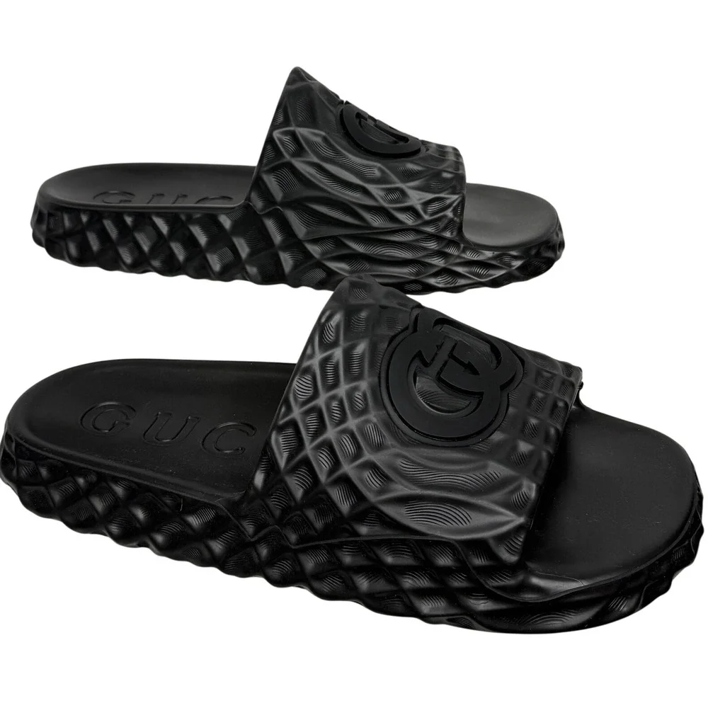 Gucci Slide Sandals Mens 13 Black Rubber Water Ripple Interlocking G Logo 770801